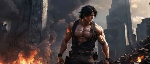 Anime titan, muscular giant, detailed facial features, sharp jawline, intense gaze, spiky black hair, ripped sleeveless shirt, torn pants, massive chest, enormous legs, destroying cityscape, Tokyo sky