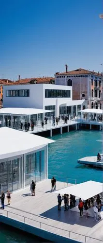 Modern architecture, Biennale exhibition, Venice, Italy, grand canal, historic cityscape, sunny day, clear blue sky, white tents, futuristic pavilions, innovative structures, steel frames, glass facad