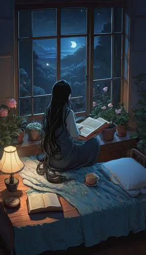 hikikomori,evening atmosphere,girl studying,night-blooming jasmine,winter night,escapism,Illustration,Realistic Fantasy,Realistic Fantasy 04