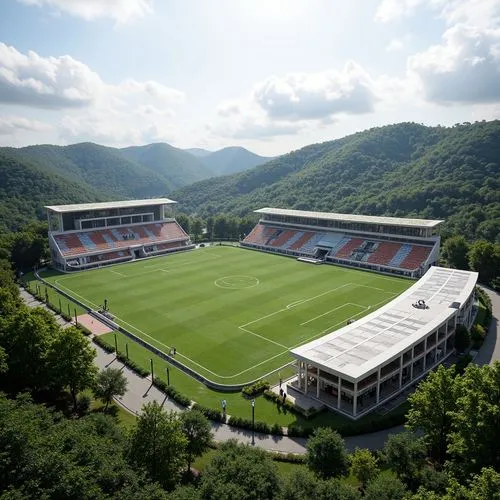 Panoramic stadium, lush greenery, rolling hills, natural stone seating areas, curved lines, modern architecture, cantilevered roofs, transparent glass facades, integrated landscape design, eco-friendl