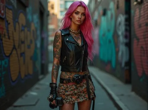 tattoo girl,punk,alleyways,pink hair,alleyway,alleys,jinx,alley,alley cat,longhena,alleycat,punk design,punkish,harley,jeffree,vi,tonks,girl with gun,batgirl,bulletgirl,Photography,General,Realistic