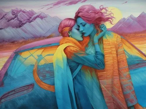 a couple is emcing by the car with mountains in the background,jasinski,welin,heatherley,chalk drawing,bodypainting,girl on the dune,Illustration,Realistic Fantasy,Realistic Fantasy 25