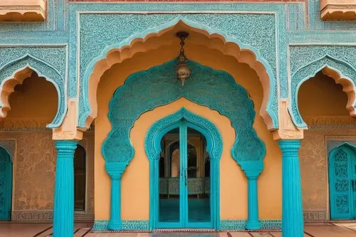 Traditional Rajasthani-style building, Jaipur-inspired architecture, intricate stone carvings, ornate balconies, grand entrance, curved arches, vibrant turquoise doors, windows with latticework, majes