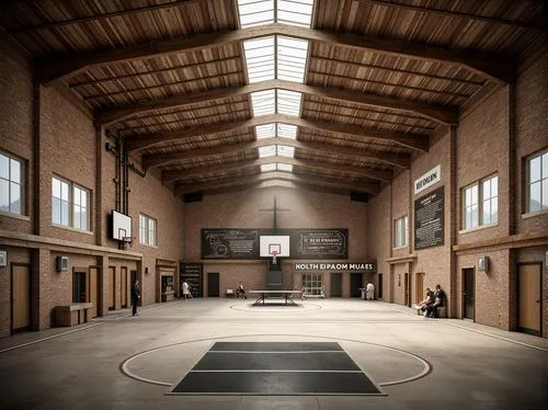 Rustic gymnasium, earthy tones, natural stone walls, wooden beams, exposed brick facades, metal roofing, industrial chic lighting, reclaimed wood flooring, sports equipment, athletic tracks, basketbal