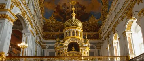 St. Petersburg, Russia, grandeur, historic, ornate, Baroque architecture, Orthodox church, onion dome, intricate stone carvings, grand staircase, marble floors, high ceilings, ornate chandeliers, rega