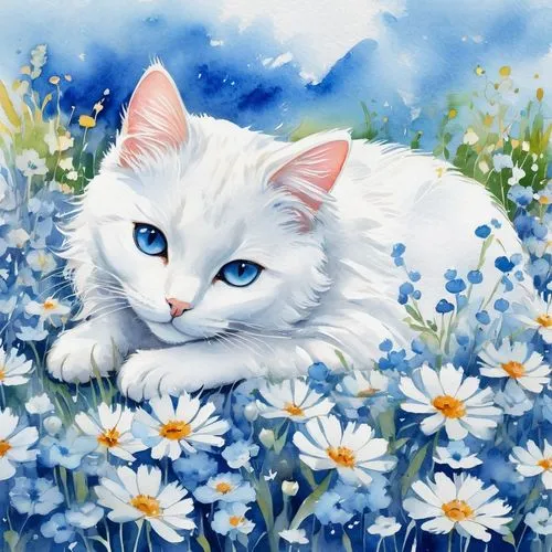 white cat,flower cat,cat on a blue background,blue eyes cat,cat with blue eyes,watercolor cat,snowbell,springtime background,blossom kitten,jayfeather,flower background,flower animal,flower painting,blue and white,bluestar,korin,spring background,blue white,blue daisies,blue flower,Illustration,Paper based,Paper Based 25