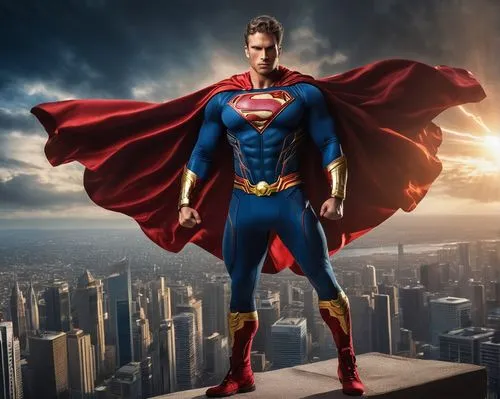 Supernova superhero, muscular man, powerful physique, vibrant blue and red costume, golden emblem on chest, flowing cape with intricate texture, determined facial expression, intense gaze, clenched fi