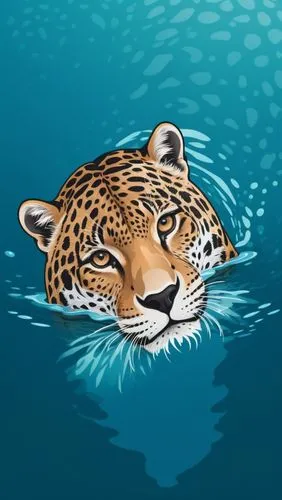 uma onça olhando para a camera, após beber agua em um rio. Seu reflexo espelhado na agua do rio.,an illustration of a leopard swimming in the water,surface tension,aquatic mammal,jaguar,jag,gepard,leo