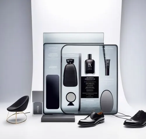 时尚属性,an assortment of men's accessories are displayed,cosmetic packaging,cosmetics packaging,delvaux,parfumerie,product display,parfums,Photography,General,Realistic