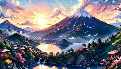 mountain landscape,mountain world,mountain scene,mountainous landscape,mountains,mountain sunrise,landscape background,fantasy landscape,mountain,volcanic landscape,high mountains,mountain range,autumn mountains,the landscape of the mountains,mountain valley,mountain mountains,mountain peak,giant mountains,mountainous landforms,stratovolcano,Anime,Anime,Traditional