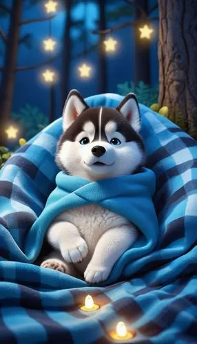 warm and cozy,malamute,cute cartoon image,blanket,akita inu,hygge,hibernation,fluffy diary,finnish lapphund,blue pillow,shiba,romantic night,alaskan malamute,good night,zzz,husky,tervuren,dog illustration,resting,cuddled up,Unique,3D,3D Character