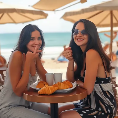 two ladies sitting at a table with croissants and coffee,beach restaurant,mexicanas,coconuts on the beach,jumeirah beach hotel,beach bar,serebro