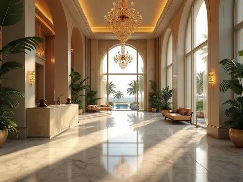 luxury home interior,lobby,hallway,3d rendering,hotel lobby,marble palace,entrance hall,hallway space,rotana,interior decoration,travertine,royal palms,foyer,luxury property,interior decor,amanresorts,habtoor,emirates palace hotel,luxury hotel,stucco ceiling,Photography,General,Realistic