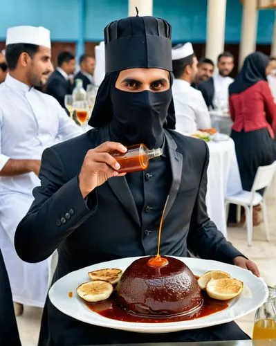 Create a picture of a waiter holding in one hand a round black tray on the tray with burkas and balinzas in the other hand he is holding a jar of sauce and pouring sauce directly on the head of the gu