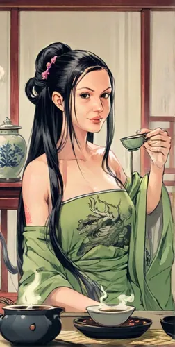 Beautiful demon girl with black tattoes, long hair having a japanese green tea ritual. Looking confident.  Background is a traditional japanese room. ,woman drinking coffee,chinese tea,chinese teacup,