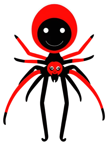 Cartoon spider, white outline, simple eyes, smiling face, black legs, red body, shiny surface, round abdomen, eight legs, standing pose, front view, 2D illustration style, bold lines, vibrant colors, 