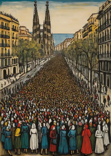 passeig de gracia,procession,catalonia,crowds,crowd of people,may day,seville,the pied piper of hamelin,universal exhibition of paris,larambla,pilgrims,mexican revolution,post impressionism,españa la bella,castells,cocido madrileño,all saints' day,xix century,marching,the boulevard arjaan,Art,Artistic Painting,Artistic Painting 01