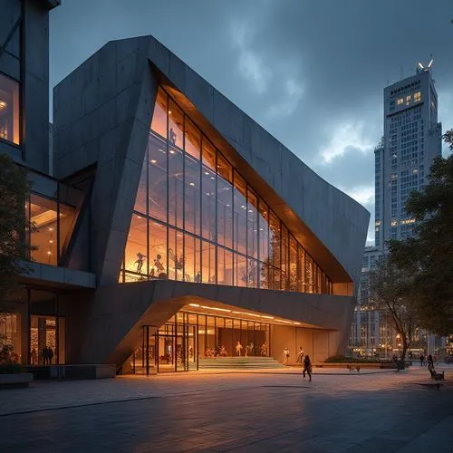 Modern performing arts center, structuralist architecture, geometric shapes, angular lines, futuristic design, urban cityscape, evening lighting, warm glow, spotlights, steel beams, glass facade, mini