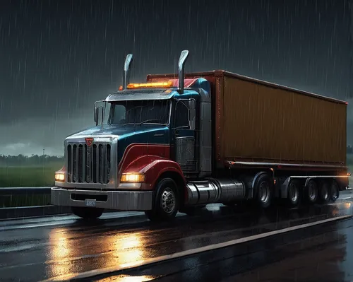 Write a suspenseful scene involving a telo truck speeding through a dark, rainy highway.,peterbilt,semi,tractor trailer,18-wheeler,truck driver,freight transport,trucker,semitrailer,trucking,semi-trai