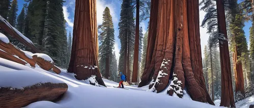 Backcountry skier at the Parker Group of Giant Sequoias, Giant Forest, Sequoia National Park, California,redwoods,redwood,redwood tree,spruce forest,sugar pine,pine forest,winter forest,coniferous for