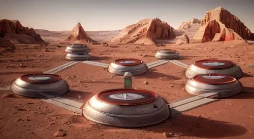 photorealistic render of  a metalic and futuristic colony in mars, red mountains behind with interior lights and craters on the ground,mars probe,mission to mars,mars rover,planet mars,red planet,roof