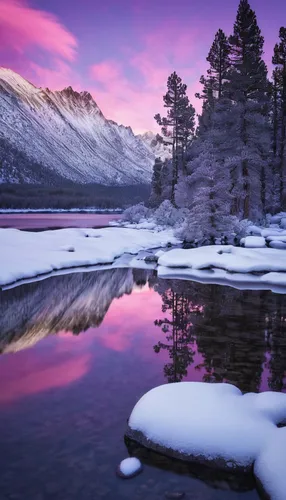 purple landscape,snowy landscape,winter landscape,snow landscape,winter lake,frozen lake,pink dawn,northern norway,vermilion lakes,lapland,landscape photography,ice landscape,beautiful landscape,snowy mountains,landscapes beautiful,winter magic,finnish lapland,norway,yukon territory,frozen water,Conceptual Art,Fantasy,Fantasy 11