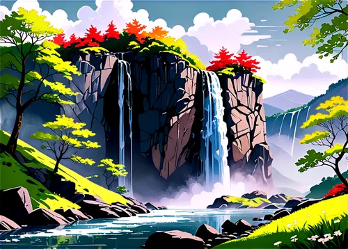 ash falls,waterfall,waterfalls,water falls,water fall,falls,mountain scene,cartoon video game background,brown waterfall,landscape background,cascade,mountain spring,japanese mountains,mountain landscape,japan landscape,paisaje,scenery,falls of the cliff,nature background,cartoon forest,Art,Artistic Painting,Artistic Painting 43