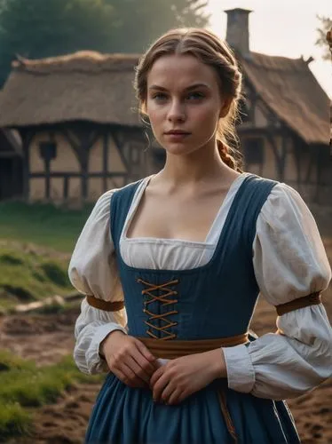 ((cinematographic image of a medieval beautiful young maid woman in a small medieval settlement)) in the middle of a wooded field, (wet ground:1.3), golden hour, warm lighting, volumetric light, haze,