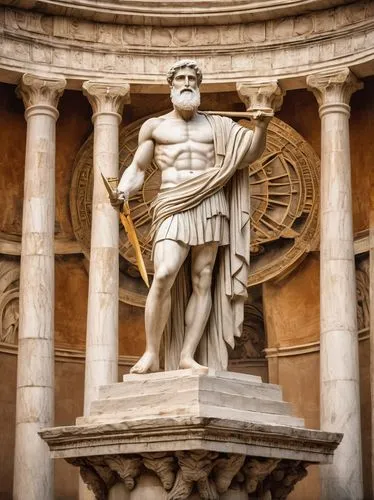 Ancient Roman architect, Vitruvian man, detailed face, white beard, laurel wreath, white toga, holding a compass, standing in front of a grand ancient Roman building, columns, arches, domes, marble te