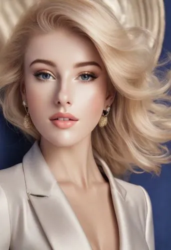 Beautiful blonde lady dressed in the style of Nicole Kidman, fashion shoot for L'Officiel, colourful, perfect makeup, gorgeous,a model in a white suit and golden earrings,female doll,fashion dolls,dol