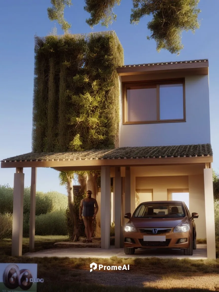 fondo con arboles ,mas naturaleza , un auto al frente de gran calidad,render,3d rendering,home landscape,digital compositing,modern house,3d render,smart house,3d rendered,rendering,garage,family home