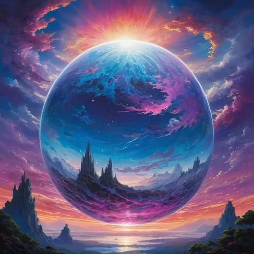 fantasy landscape,fantasy picture,world digital painting,dreamscape,ozma,cosmosphere,dream world,orb,fantasy art,planetaria,fantasy world,dreamstone,vast,conchoidal,alien planet,futuristic landscape,fantasia,alien world,exosphere,earthlike,Illustration,Japanese style,Japanese Style 14