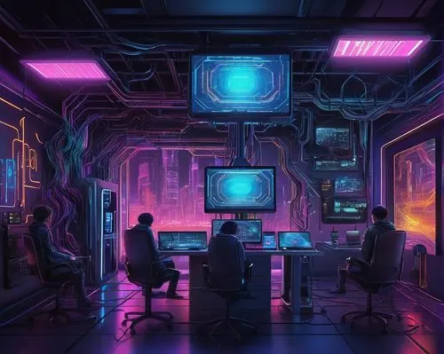 computer room,cyberpunk,ufo interior,study room,sci fi surgery room,computer,classroom,working space,scifi,game room,cyberspace,cyber,computer workstation,research station,sci fiction illustration,laboratory,the server room,modern office,computer art,neon coffee,Illustration,Japanese style,Japanese Style 12