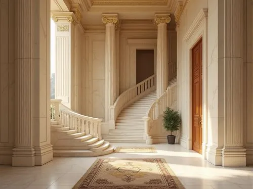 hallway,neoclassical,entrance hall,foyer,outside staircase,cochere,zappeion,doric columns,palladian,marble palace,hallway space,palladianism,archly,neoclassicism,bahai,corridor,enfilade,staircase,entranceway,hall of nations,Photography,General,Realistic