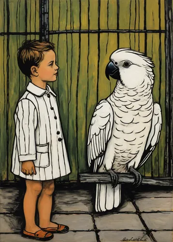 Describe the tender moment when a curious child meets a friendly salmon-crested cockatoo.,a collection of short stories for children,white pigeon,kate greenaway,david bates,white pigeons,prisoner,book