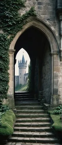 Medieval European architecture, grand castle, stone walls, Gothic windows, stained glass, intricate carvings, towers, moat, bridge, ivy covered, moss grown, worn stone stairs, ornate door, wooden door