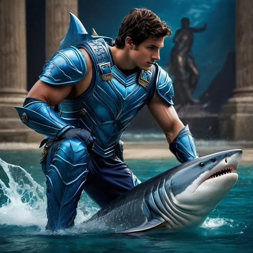 Percy Jackson, son of Poseidon as a full god, wearing blue armor pants, blue armor vest, and blue armor boots, he is quite muscular, petting a shark,dolphin rider,trainer with dolphin,dolphin show,spo