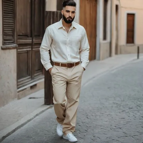 conjunto de ropa de trabajo camisa oversize con bolsillos en el pecho  y pantalon mangas largas color beige ,hombre .calidad full hd,men's wear,men clothes,male model,italian style,dress shirt,khaki p