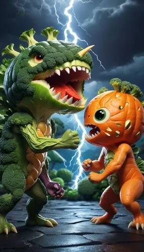 A captivating cinematic photo of an epic battle between two groups of monsters. One group consists of vegetable-themed monsters, with intricate designs using carrots, broccoli, and potatoes as their l