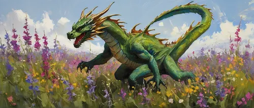 painted dragon,forest dragon,spring unicorn,green dragon,green meadow,green meadows,cynorhodon,in the tall grass,springtime background,cuthulu,meadow in pastel,grasslands,dragon,flowering meadow,floral greeting,trumpet creepers,grassland,wildflower meadow,loukaniko,dragon of earth,Illustration,Paper based,Paper Based 05