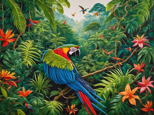 Describe a beautiful macaw soaring through a vibrant rainforest.,tropical birds,tropical bird climber,guacamaya,rosella,costa rica,tropical bird,macaws of south america,toco toucan,macaw hyacinth,scar