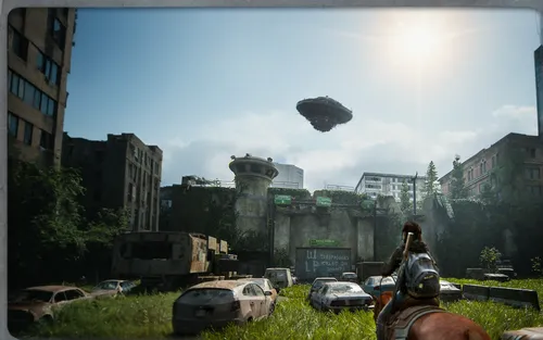 céu com sol forte, prédios altos, carros e prédios destruídos à esquerda, vegetação rasteira do lado esquerdo, zumbis no chão, nave alienígena em cima à direita,airships,airship,screenshot,fallout4,vi