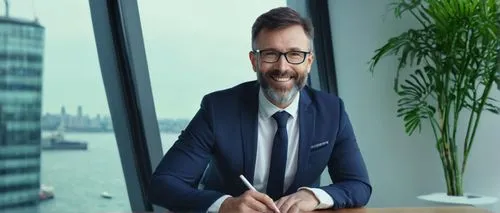 Middle-aged, male, architect, master of architectural science, sustainable design expert, gentle smile, glasses with black frames, short brown hair, beard, white shirt, dark blue blazer, holding a tab