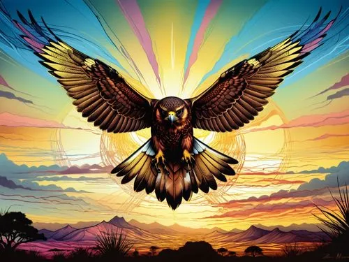 Line drawing of a falcon.in africa ,an owl with colorful wings is standing out in the sky,eagle illustration,eagle vector,aguila,aguiluz,african eagle,phoenix,Illustration,Realistic Fantasy,Realistic 