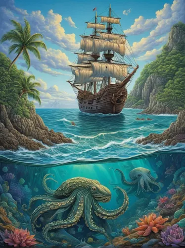 sea fantasy,tropical sea,fantasy picture,mermaid background,kraken,mural,ocean background,fantasy art,sea landscape,ocean paradise,marine biology,reefer ship,polynesia,oceania,south seas,exploration of the sea,sea-life,an island far away landscape,murals,monkey island,Illustration,Realistic Fantasy,Realistic Fantasy 41