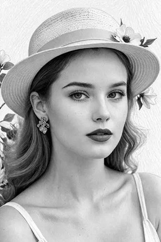 girl wearing hat,ginta,vintage woman,vintage girl,the hat-female,vintage female portrait,Design Sketch,Design Sketch,Detailed Outline