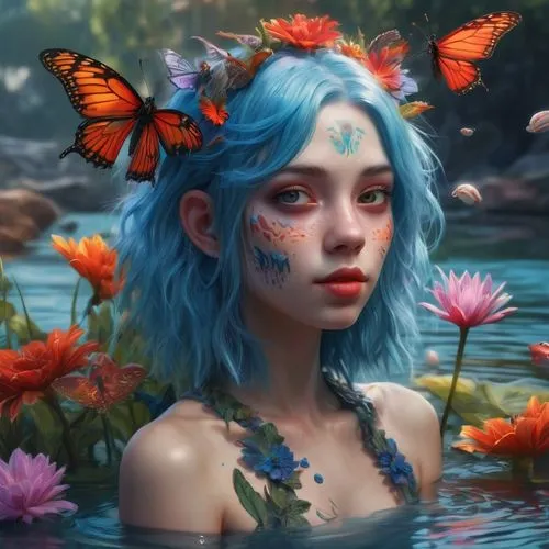 blue butterflies,faerie,fairie,water nymph,fantasy portrait,butterfly background,Conceptual Art,Fantasy,Fantasy 01