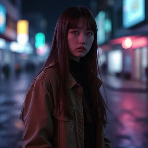 A scared female teen with long straight brown hair, green eyes and plump lips wearing a stylish brown long coat. She looks worriedly walking in the streets. The streets are pristine white, futuristic 