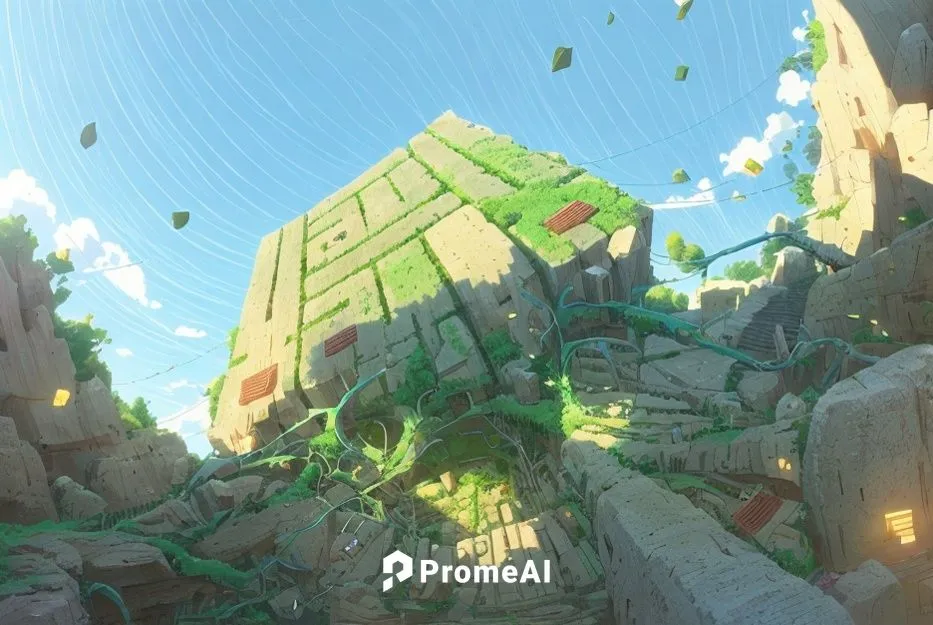 a square stone lifted by tree roots, with 5 point perspective,meteora,ruins,ancient city,bastion,ruin,megalith,panoramical,background ivy,ravine,monolith,rubble,karnak,blocks,futuristic landscape,cube