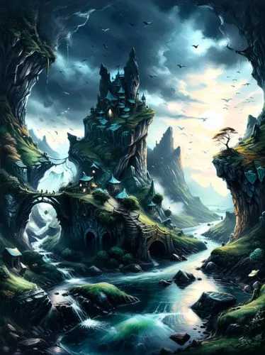 an illustration of a fantasy castle surrounded by water,alfheim,fantasy landscape,blackmoor,cartoon video game background,fantasy picture,elfland,Illustration,Realistic Fantasy,Realistic Fantasy 25